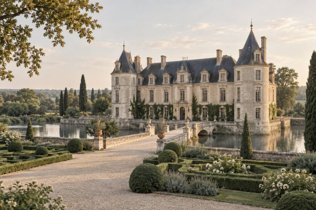 Château français ancien entouré de douves avec jardin à la française et allées de gravier
