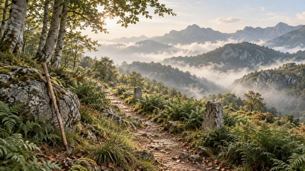 Sentier de pèlerinage pyrénéen bordé de hêtres dans une brume matinale