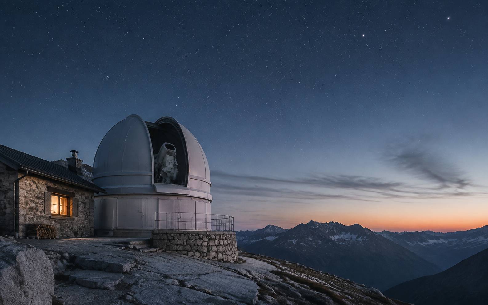 Coupole blanche d'observatoire astronomique au crépuscule face aux sommets pyrénéens