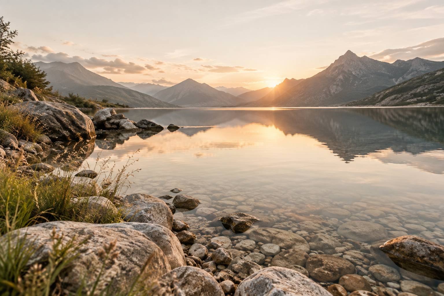 Rive de lac de montagne avec galets et eau transparente en faible profondeur