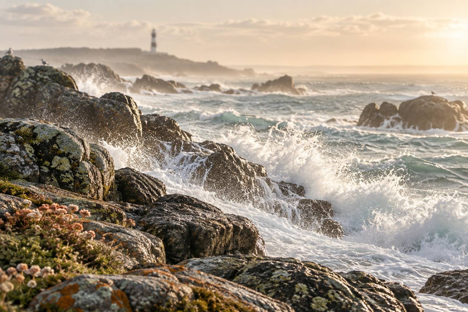 Rochers granitiques battus par l'écume sur la côte bretonne