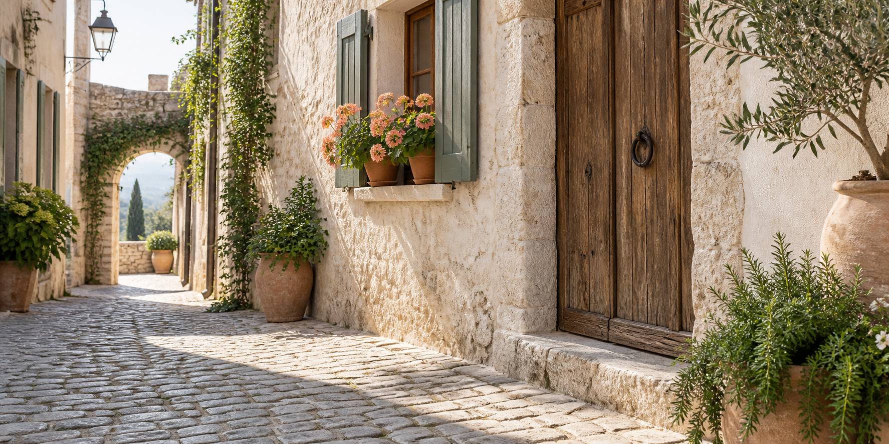 Ruelle ancienne en pierre et bois dans un bourg médiéval