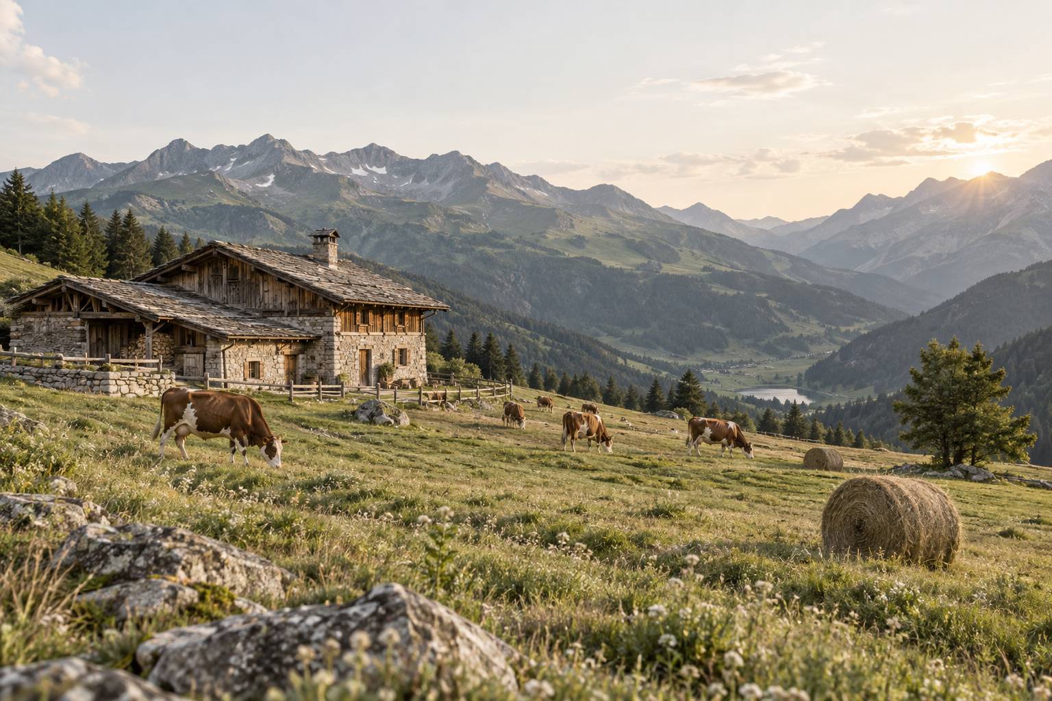 Ferme d'alpage savoyarde en pierre avec vaches dans un pré de montagne