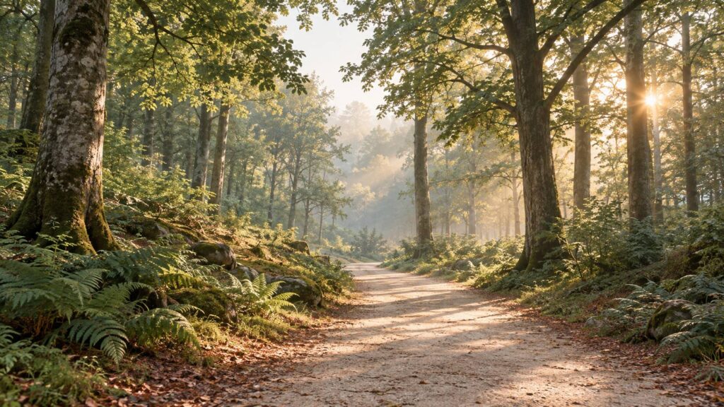Sentier forestier lumineux bordé de grands hêtres dans la forêt de Rambouillet