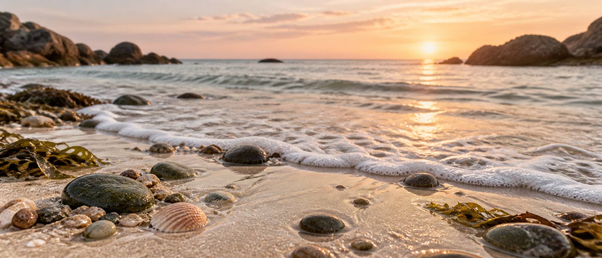 Gros plan sur du sable humide, des galets et l'écume d'une vague