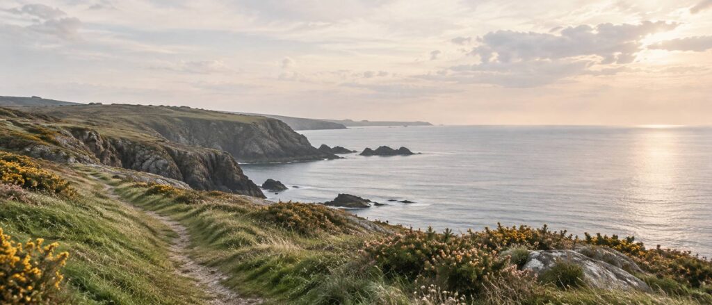 Sentier côtier et falaises de l'Île de Groix face à la mer