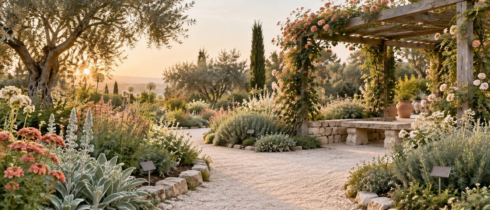Jardin à la française générique avec allée de gravier, buis taillés et bassin au petit matin