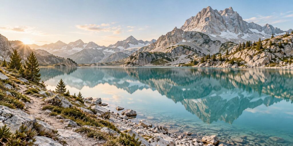 Lac d'altitude turquoise reflétant les sommets rocheux des Alpes
