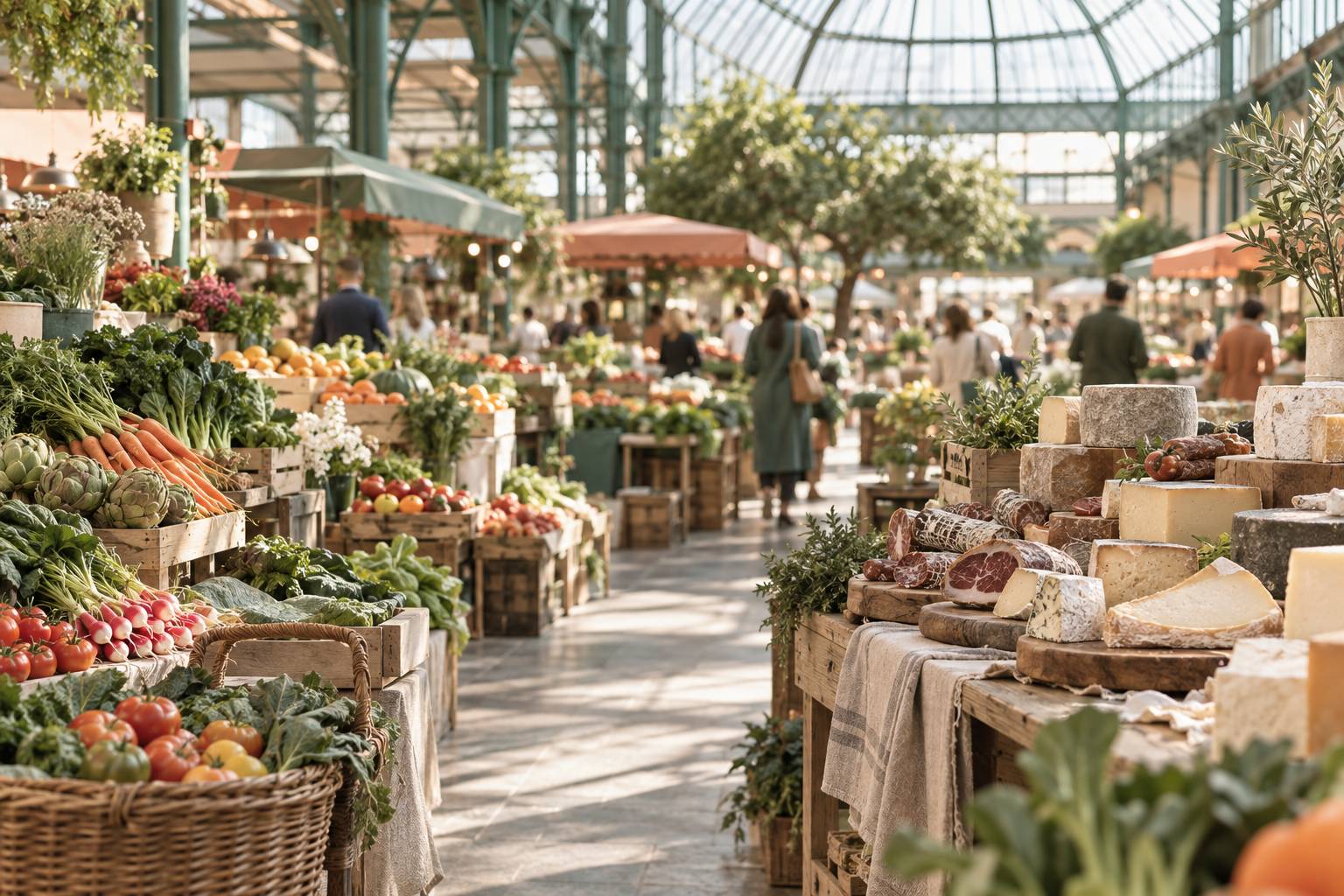 Étals de produits locaux sous le marché couvert de Brive