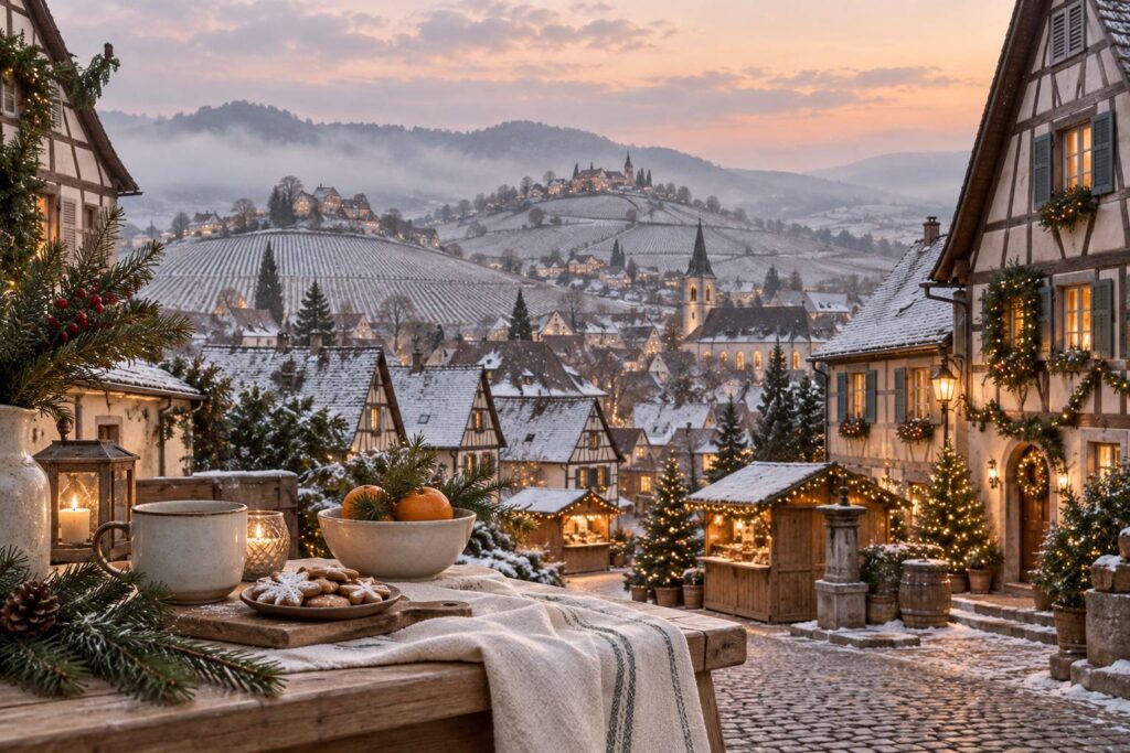 Illustration éditoriale du sujet : Noël en Alsace : Découvrez les 6 villages les plus enchanteurs à visiter pendant les fêtes
