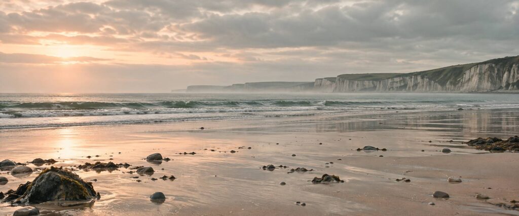 Plage de Normandie avec falaises de craie blanches au petit matin
