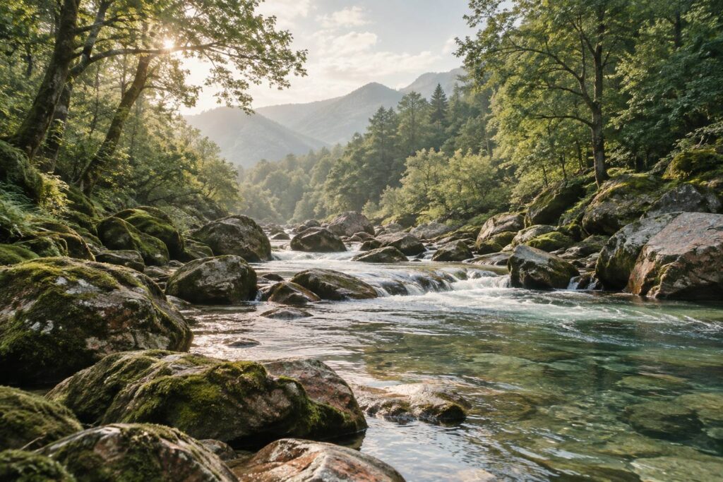 Rivière sauvage générique entre rochers moussus et forêt sur les berges