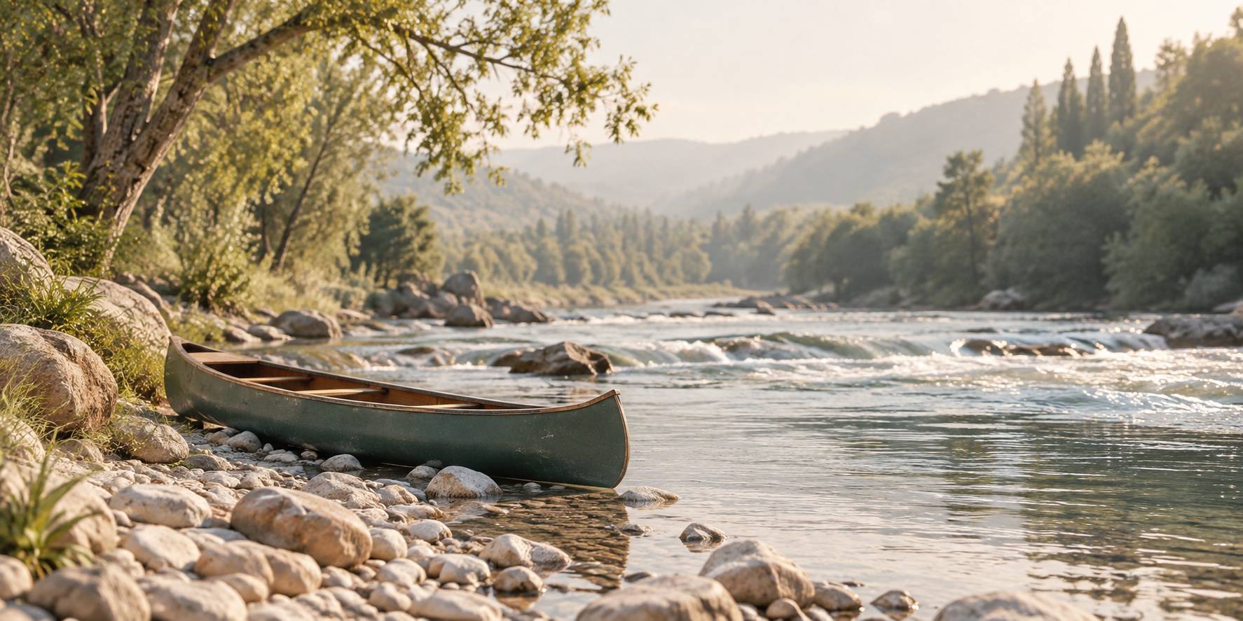 Berges de rivière avec galets clairs, remous et canoë générique sur la rive