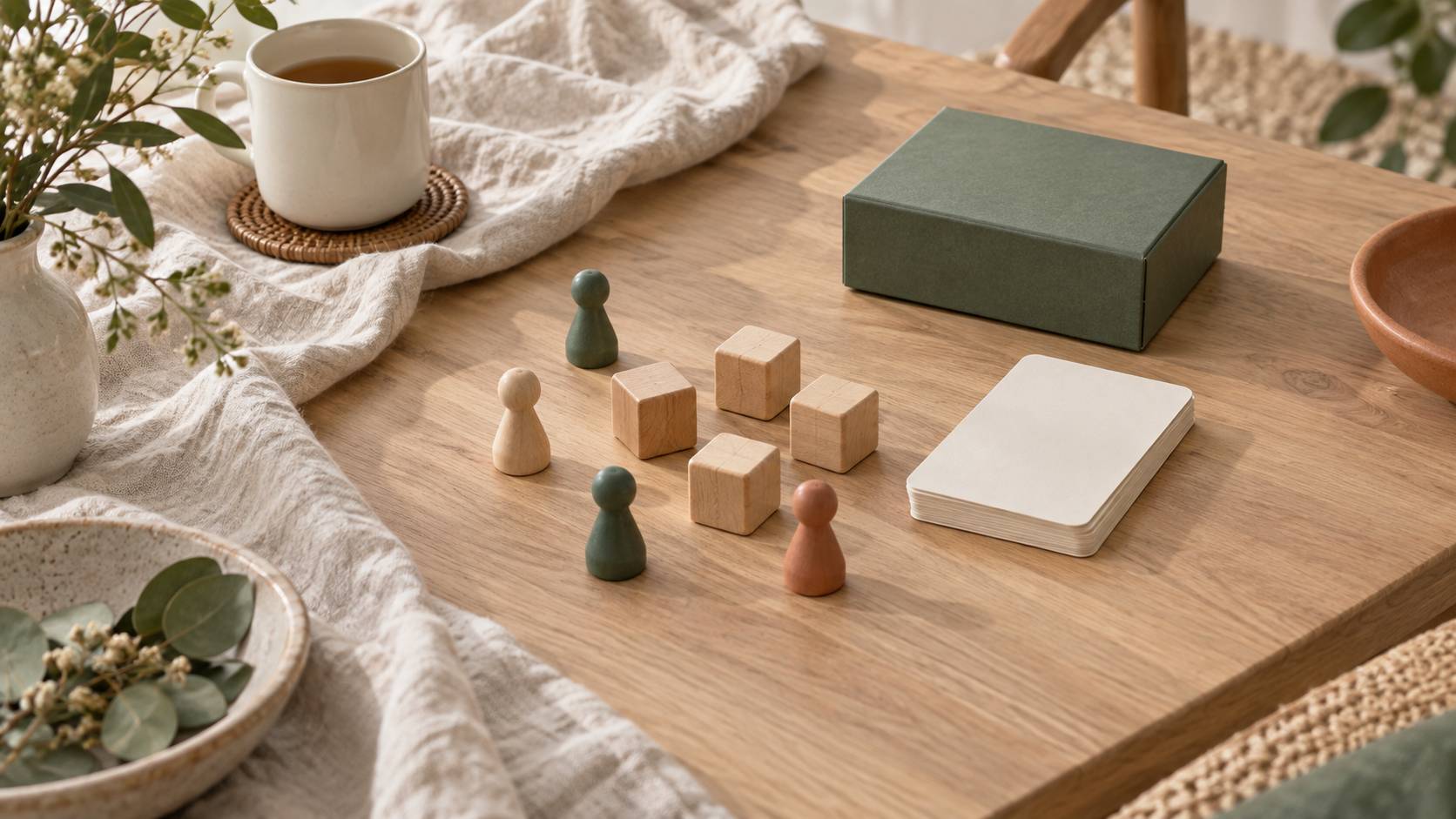 Des et pions en bois sur une table de salon