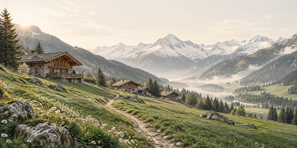 Vallée alpine savoyarde avec chalets de bois, prairies d'alpage et sommets enneigés