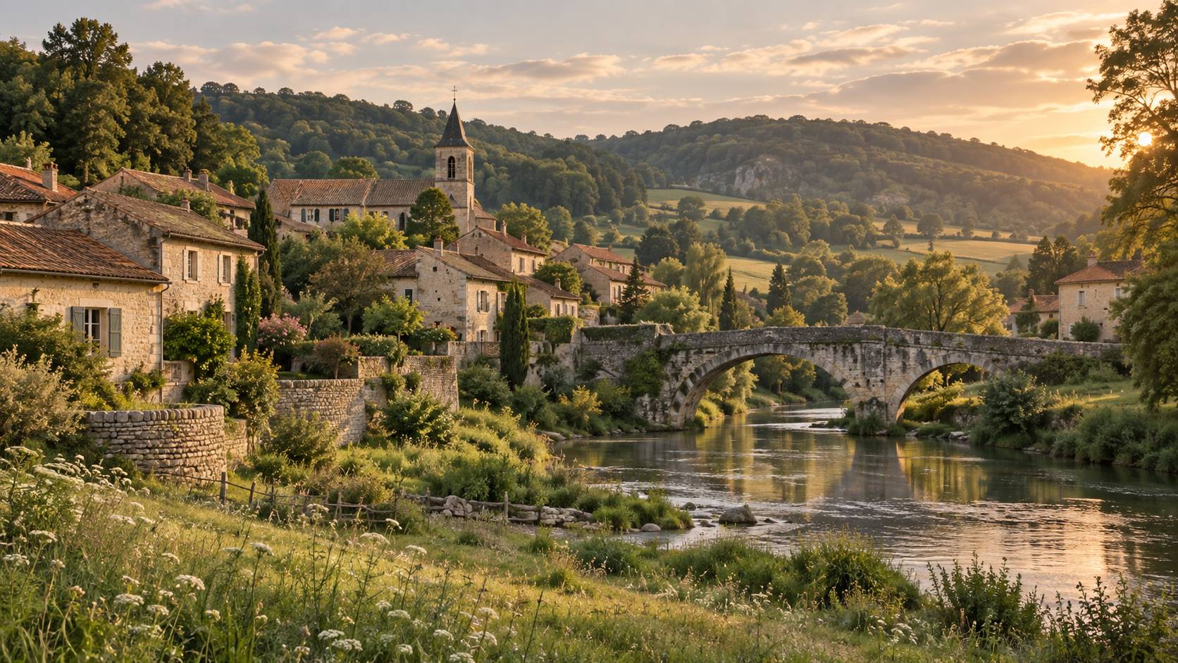 Village de pierre avec pont ancien sur une rivière dans la vallée de Chevreuse