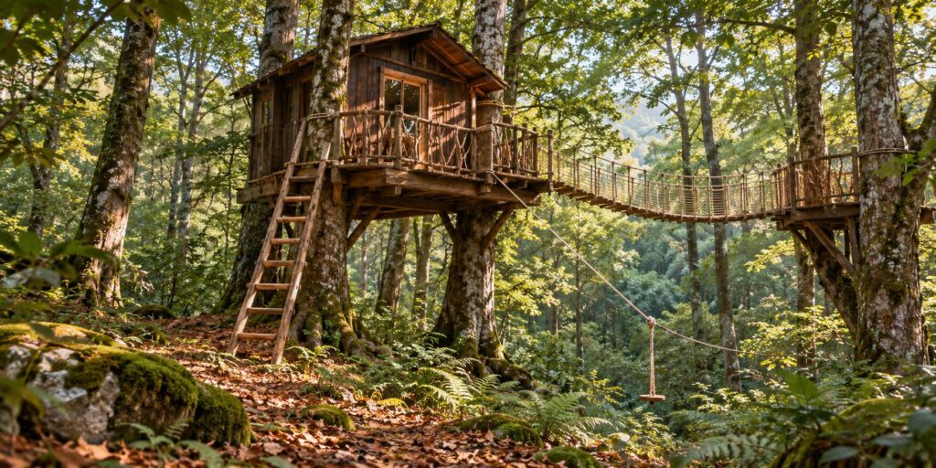 Cabane perchée en bois en forêt avec échelle, passerelle de corde et tyrolienne