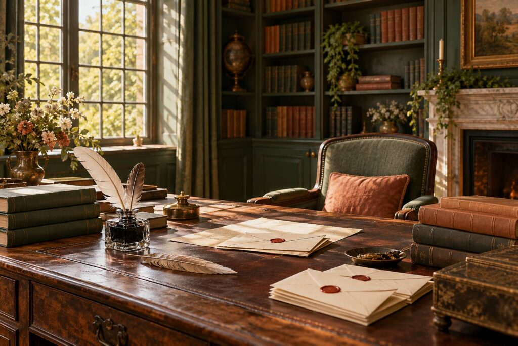 Plumes, encrier de verre et lettres cachetées sur un bureau d'époque devant des volumes reliés