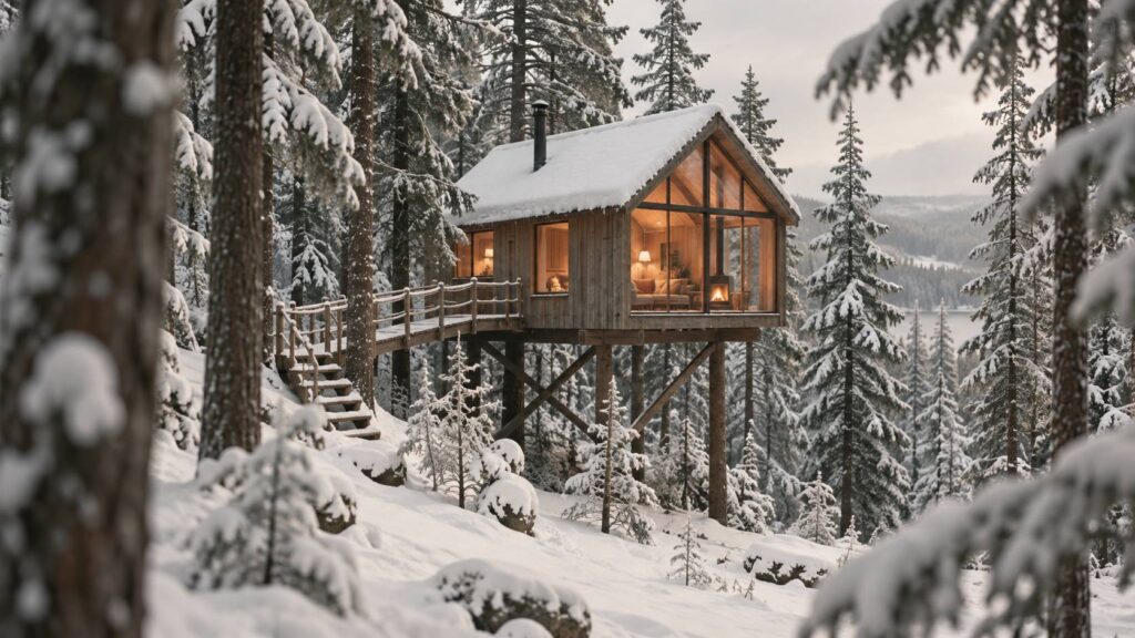 Cabane perchée dans les arbres en hiver, neige sur les branches et lumière chaude à la fenêtre