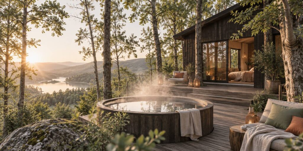 Cabane en bois perchée dans les arbres avec bain nordique fumant sur la terrasse, en lisière de forêt