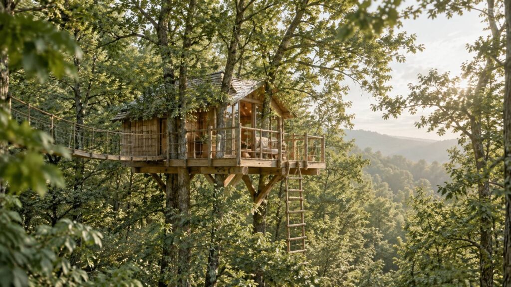 Cabane perchée en bois dans les arbres avec plateforme, échelle et passerelle