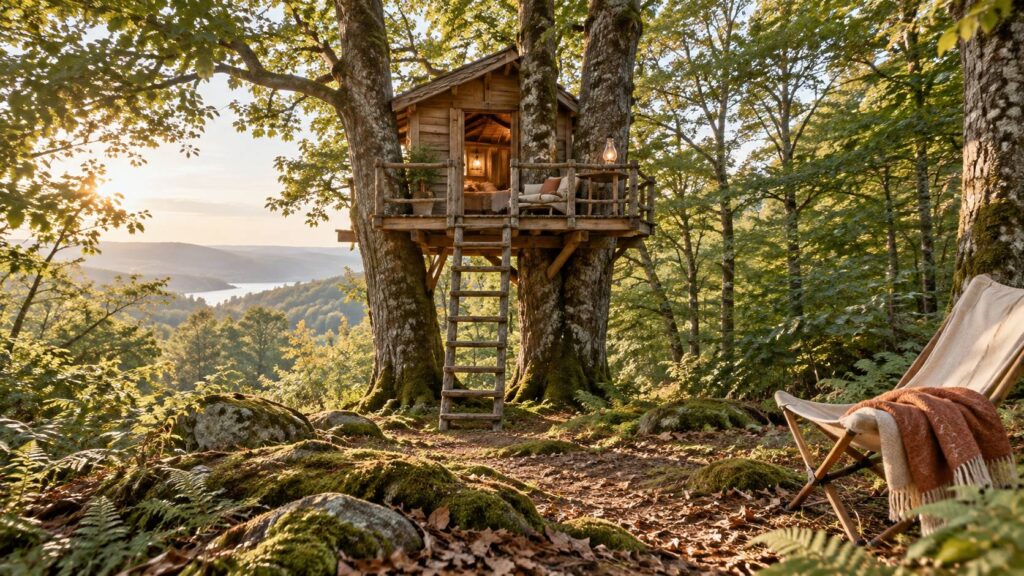 Cabane en bois perchee dans les arbres avec terrasse, lampe a huile et couverture en laine