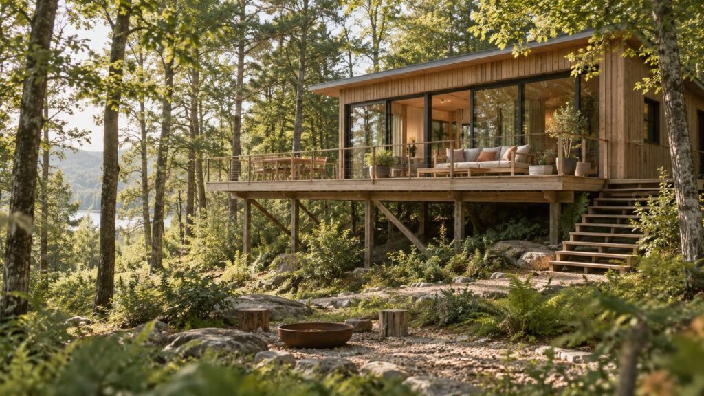 Cabane en bois sur pilotis avec terrasse dans une forêt, lumière douce