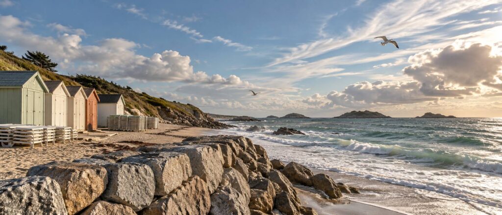 Front de mer hors saison avec digue de pierre, cabanes de plage délavées et transats empilés