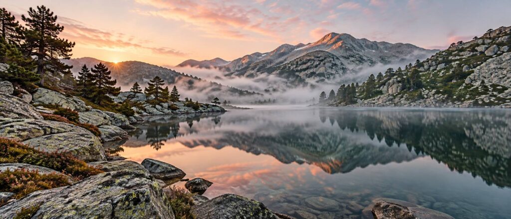 Lac de montagne immobile à l'aube entouré d'éboulis de granit et de pins noirs