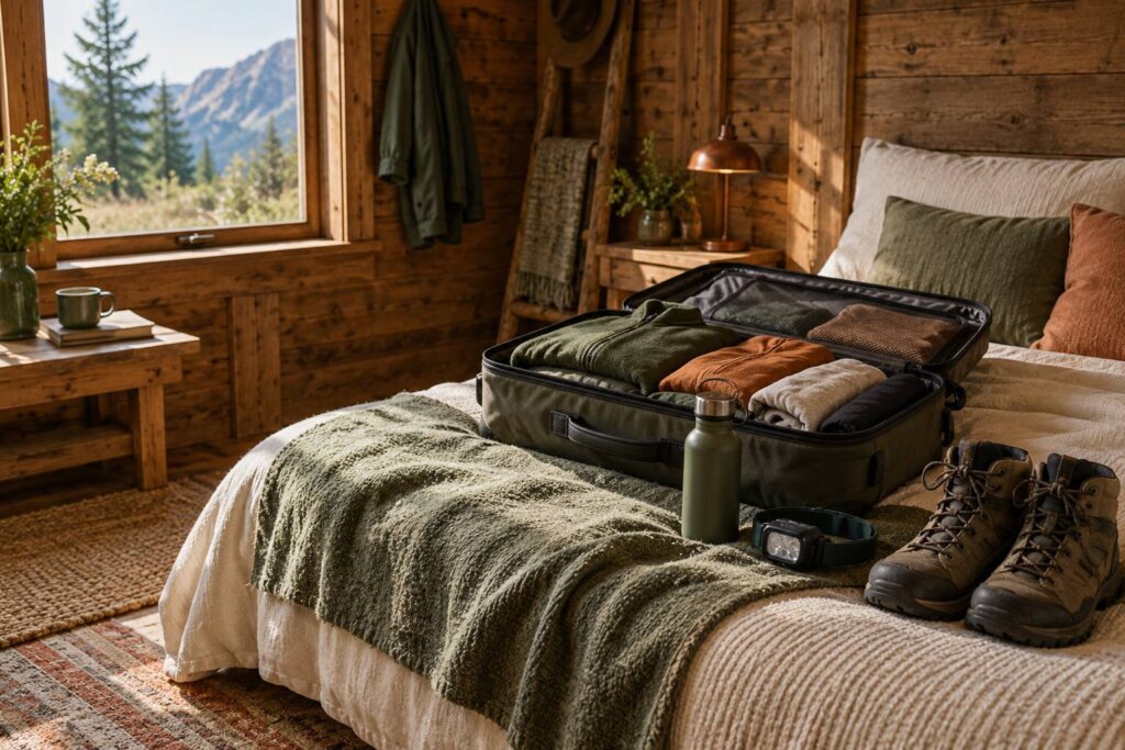 Valise ouverte sur un lit avec vêtements pliés et lampe frontale dans une cabane en bois