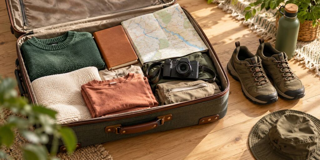 Valise ouverte avec vêtements pliés, carte dépliée, carnet et appareil photo sur un plancher clair