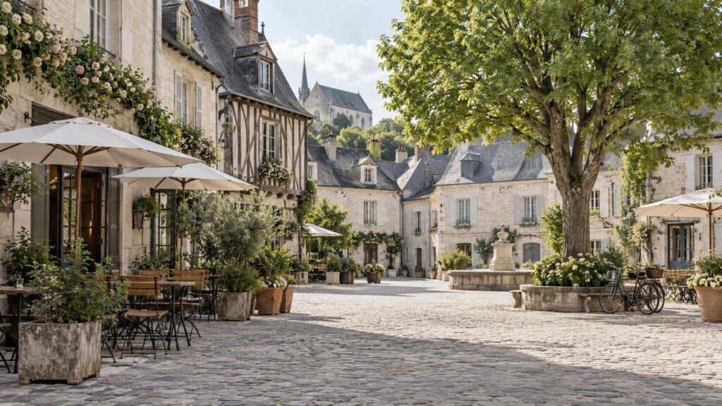 Place pavée de vieille ville avec maisons en pierre de tuffeau, toits d'ardoise, colombages et terrasses de café